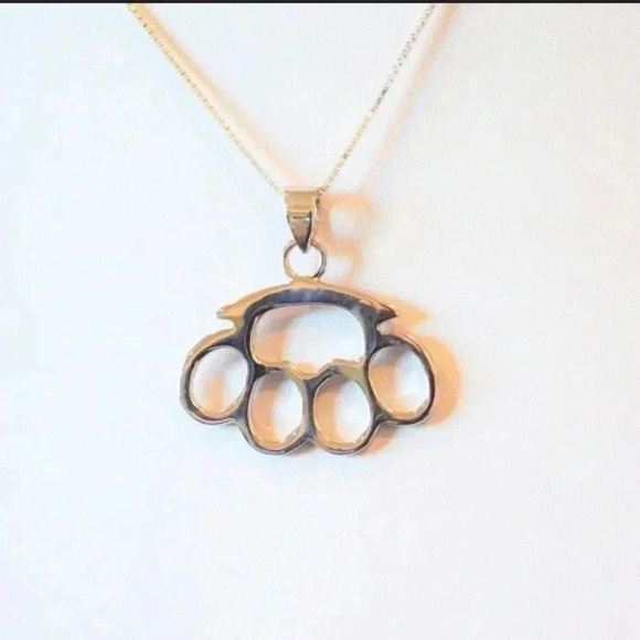 Brass Knuckles, Silver Knuckles Pendant, Mens Jewelry, Unisex Necklace, Mens - Picture 3 of 4